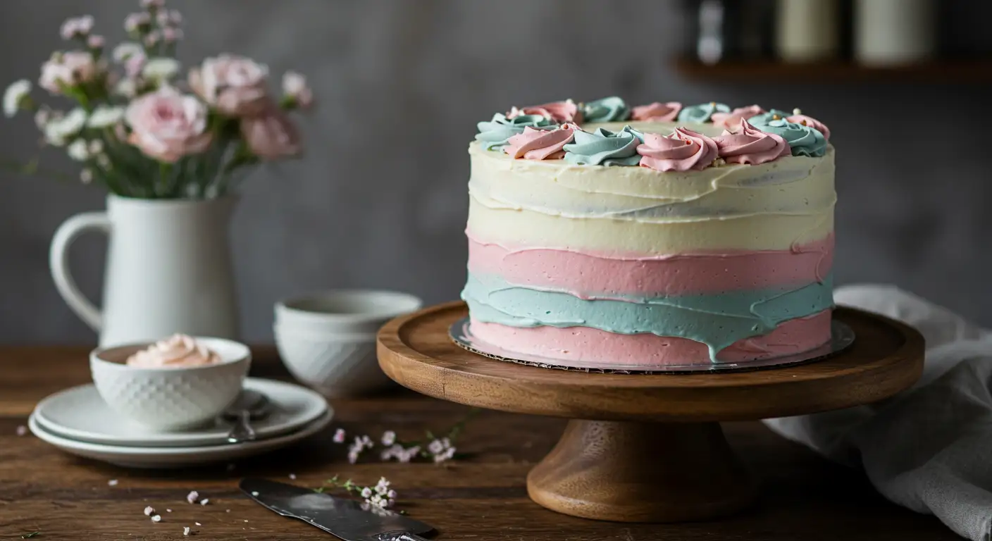 A cake decorated with smooth Swiss meringue buttercream swirls on a rustic wooden stand, surrounded by soft natural light and pastel tones.