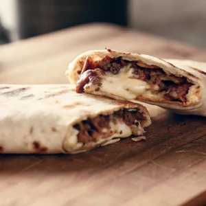 steak grilled cheese burrito sliced open with melted cheese