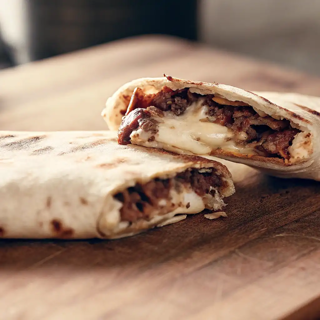 steak grilled cheese burrito sliced open with melted cheese
