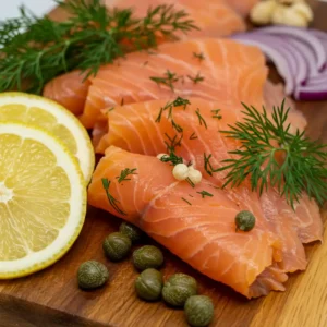 Cold smoked salmon slices on wooden board with garnishes
