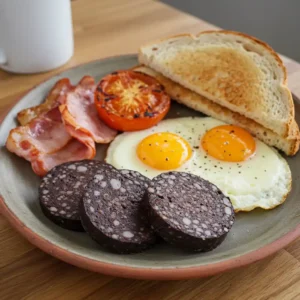 Irish black and white pudding full breakfast plate