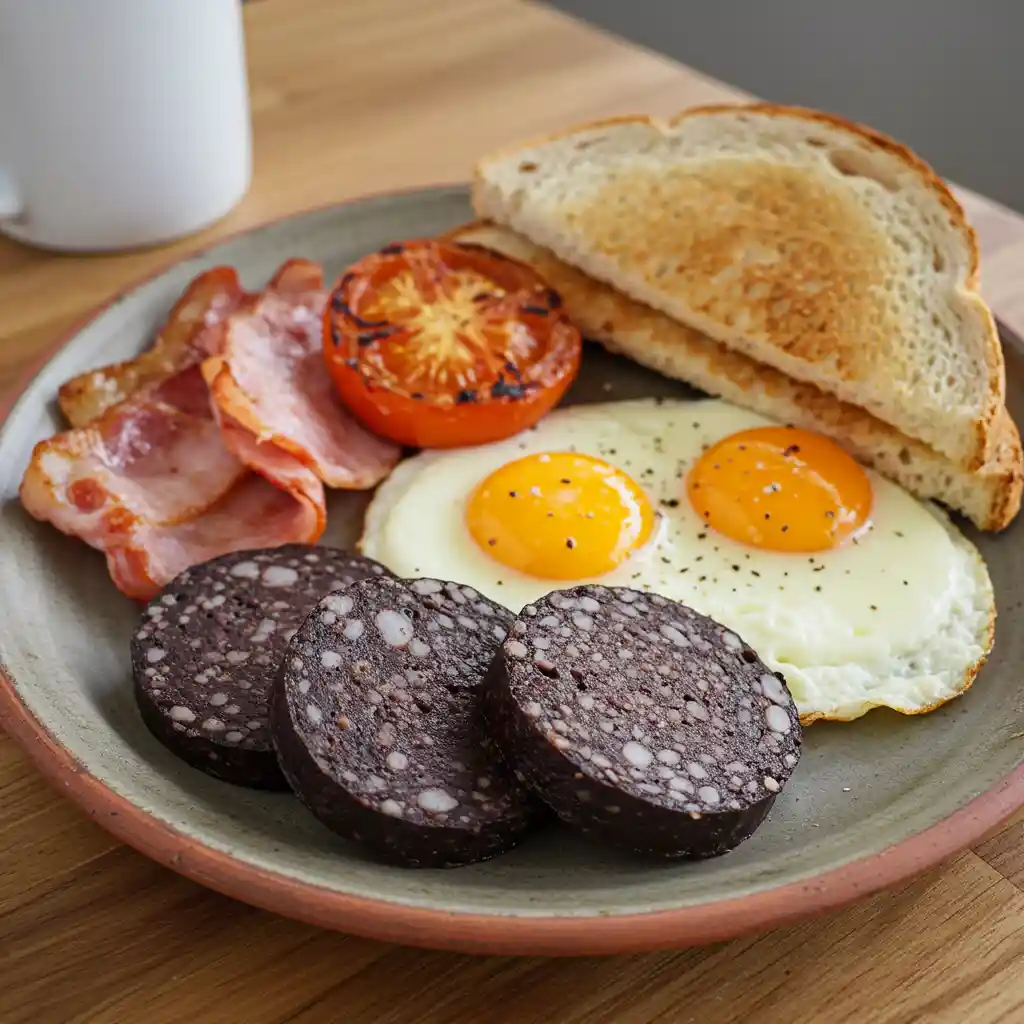 Irish black and white pudding full breakfast plate